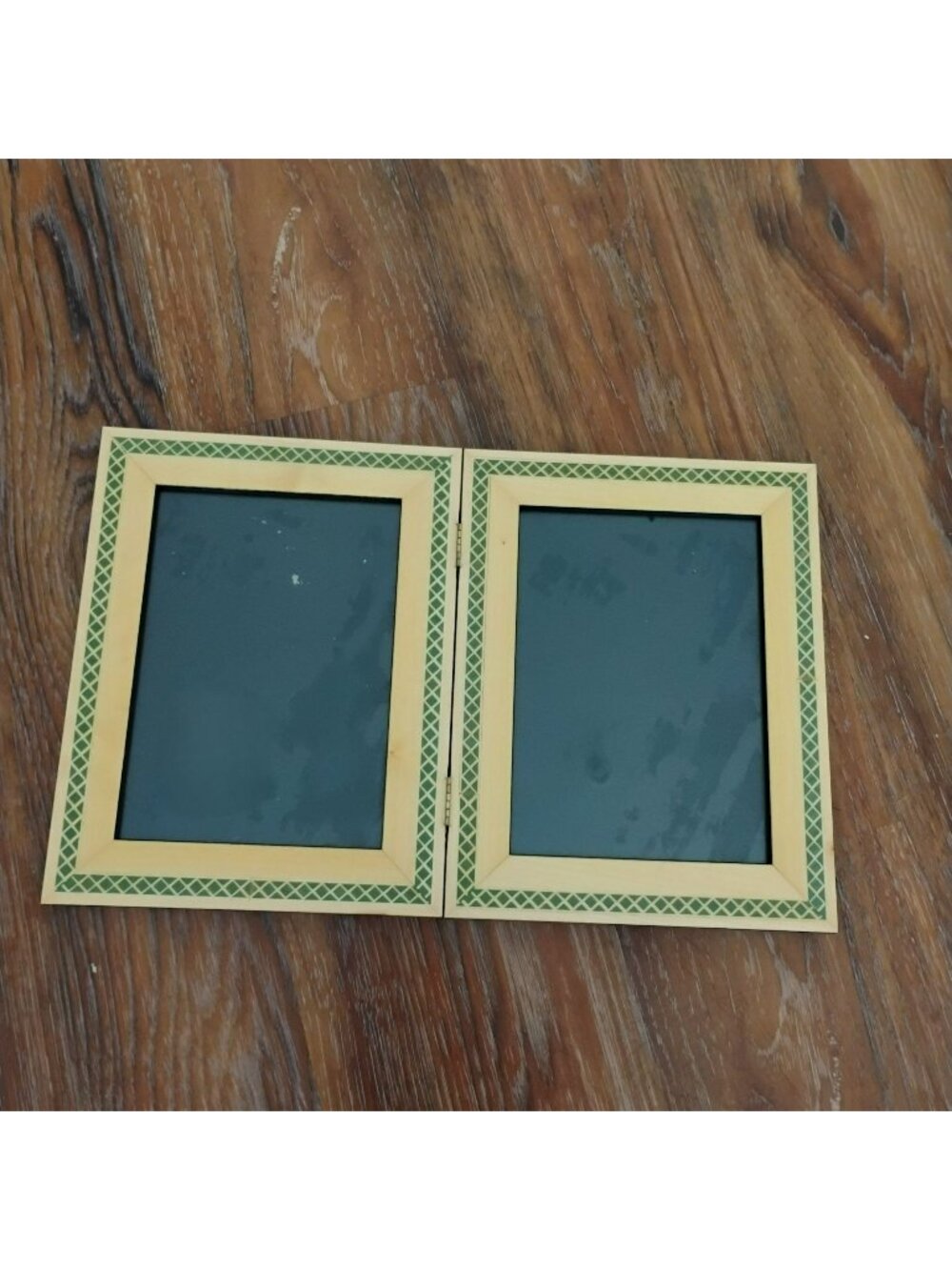 Wooden Double-Sided Picture Frame With Hinge & Green Diamond Pattern Inlay